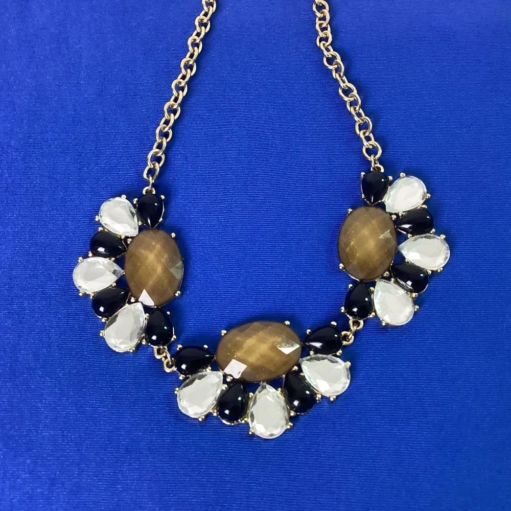 Vintage Gold Tone Necklace Black & Clear Teardrop Accents Faceted Brown Stones